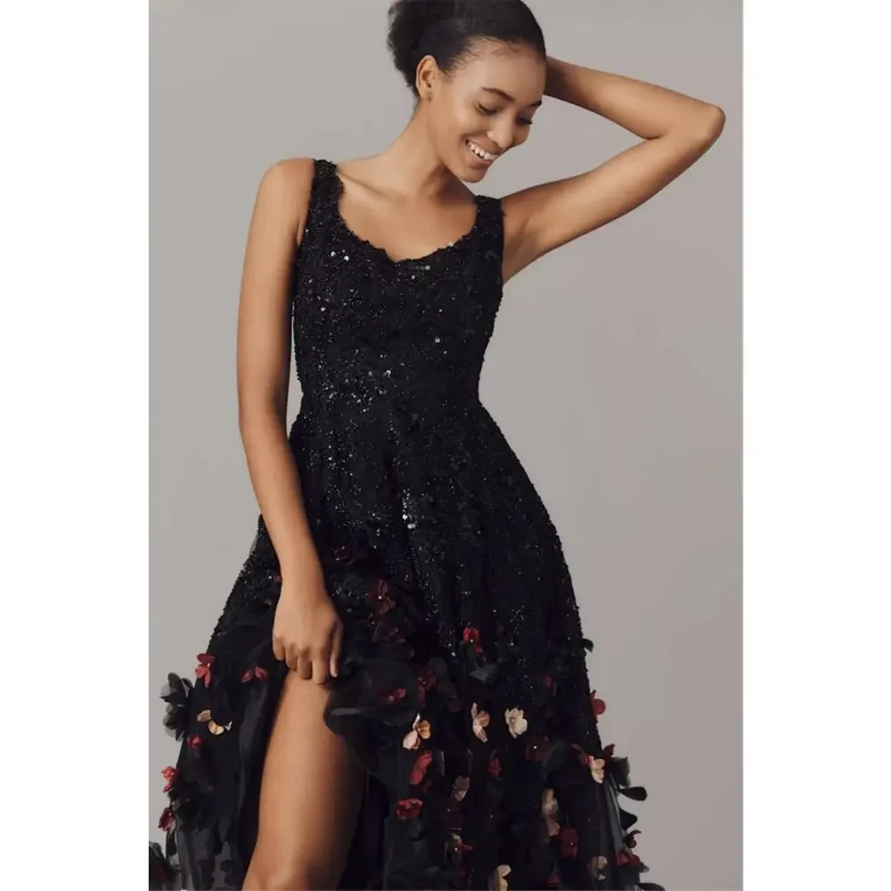 NEW Mag Duggal Sequin Floral Appliqué 3D FlowersBlack Midi Dress Size 10 - Picture 12 of 15